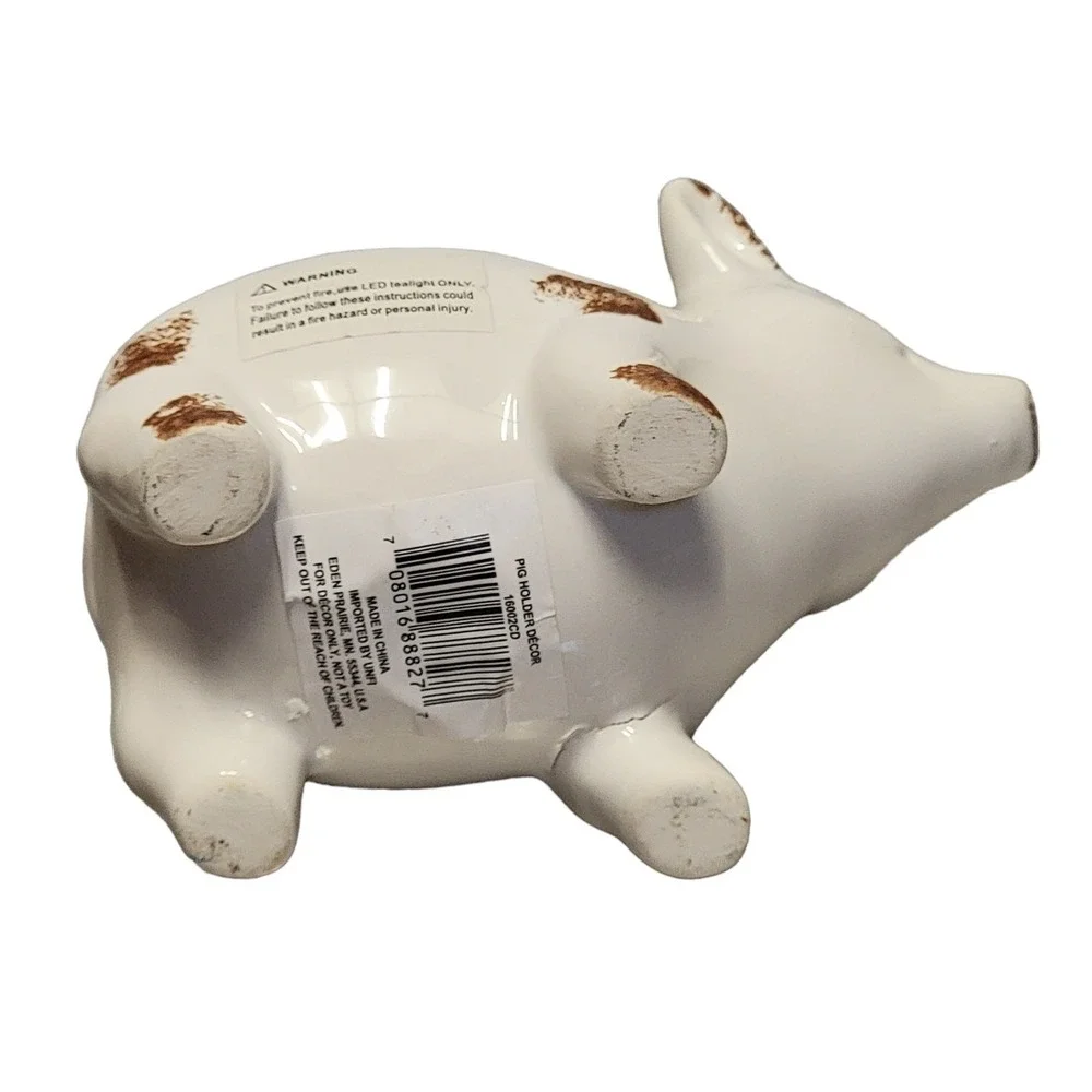 Ceramic Pig LED Tealight Votive Candle Holder White Brown Distressed Farmhouse